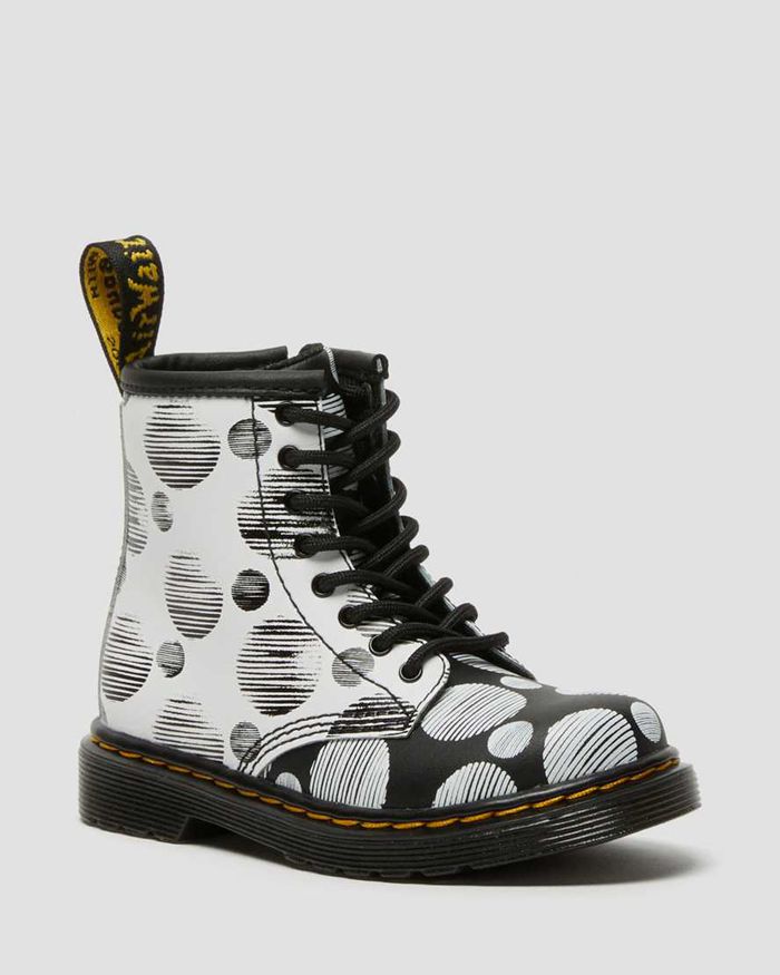 Dr Martens Kids Toddler 1460 Polka Dot Leather Lace Up Boots White/Black - 83160FTKM